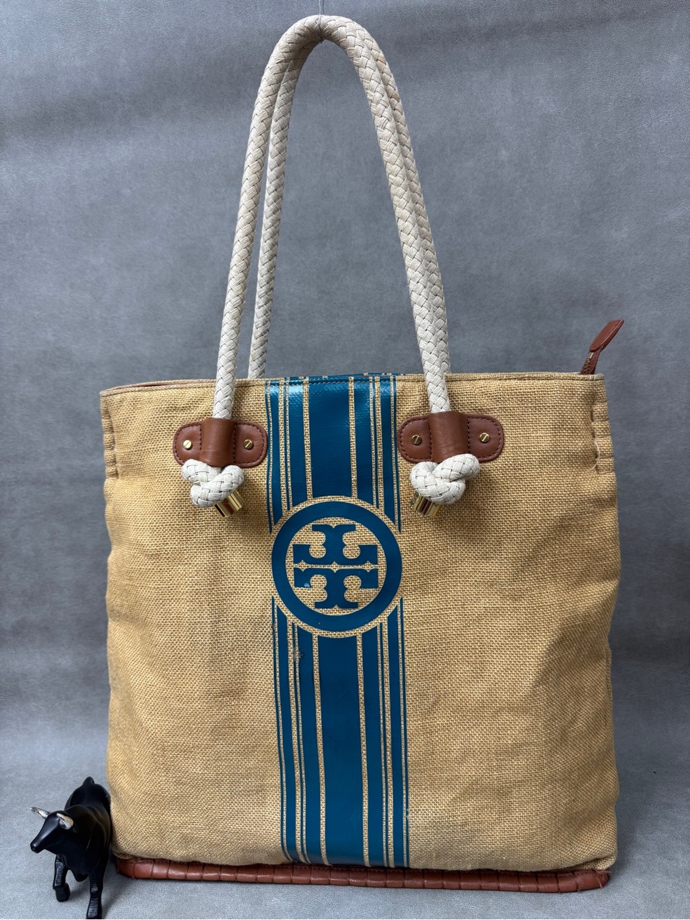 Tory Burch Tan Canvas Tote with Blue Stripe and White Rope Handles - Picture 2 of 16